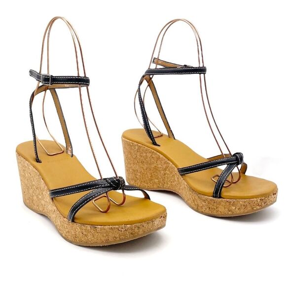 J. Crew Donna Wedge Sandals Size 8 Black Leather Cork Ankle Strap Vintage Y2K - Picture 7 of 14